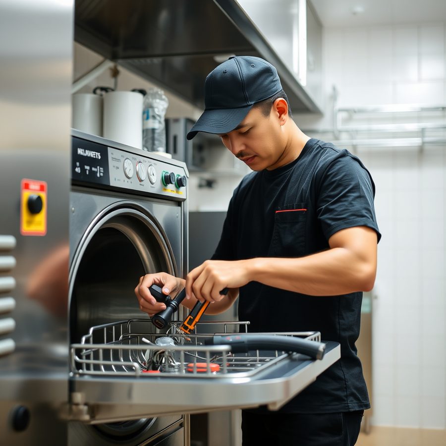 Technician servicing commercial kitchen equipment